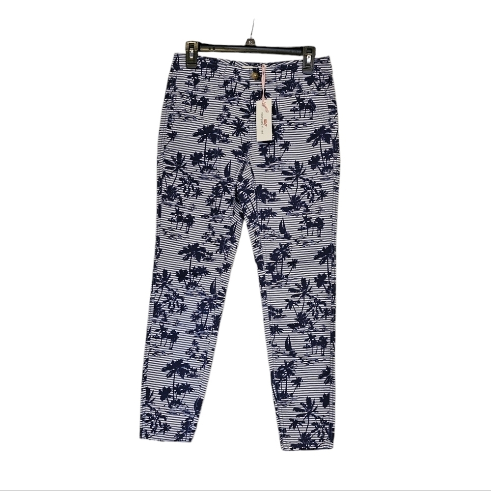 Vineyard Vines Island Scene Skinny Cargo Deep Bay Blue & White Strip Pants Sz 2